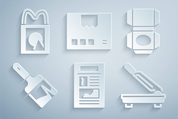 设置新闻，纸箱纸箱，油漆刷，裁纸机，和购物袋图标。向量图片下载