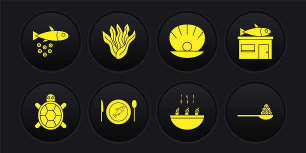 集海龟，海鲜店，鱼盘，汤与虾，贝壳珍珠，海藻，鱼子酱勺和鱼鱼子酱图标。向量图片下载