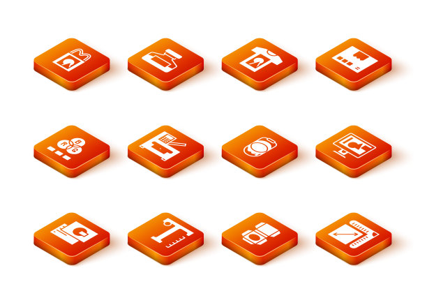 设置名片、文字、RGB调色、复印机、纸箱、油漆桶、纸张大小和电脑显示器屏幕图标。向量图片下载