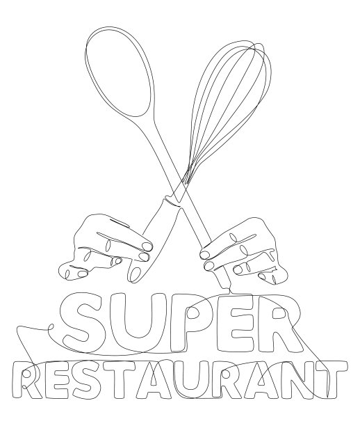 一个连续的手握厨房器具与超级餐厅文本。细线插图矢量概念。轮廓图创意。图片下载