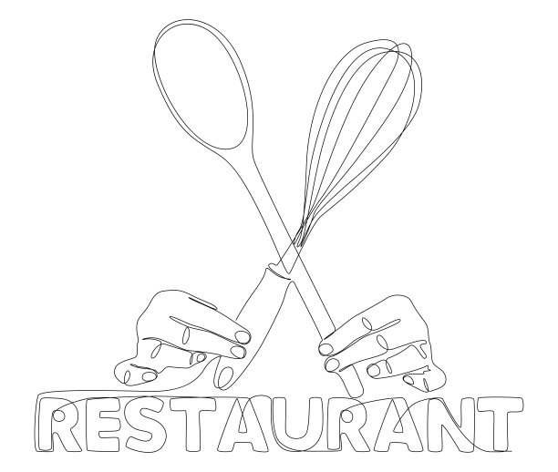 一个连续的手握厨房用具与餐厅文本。细线插图矢量概念。轮廓图创意。图片下载