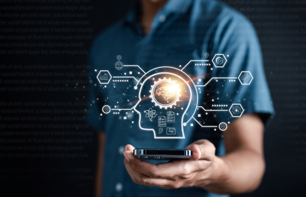 商人使用聊天机器人在计算机智能Ai。人工智能聊天，由OpenAI generate开发。未来科技，机器人在线系统。图片下载