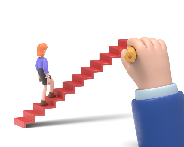 微笑的欧洲女商人艾伦正在攀登职业阶梯的3D插图。用手画楼梯。业务发展的概念。白色背景上的3D渲染。图片下载