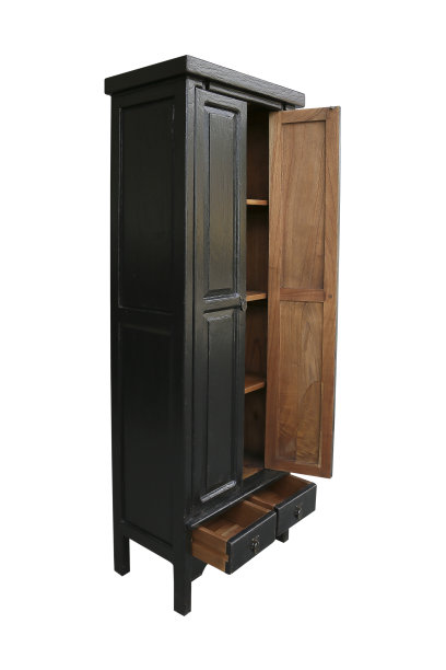 黑色乡村细长橱柜，两个抽屉和两扇门孤立在白色背景上图片下载