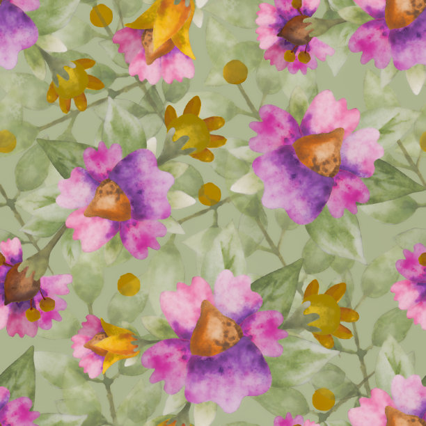 无缝模式。水彩背景与粉红色，紫色和黄色的花朵。背景为剪贴簿，包装，明信片，包装，纺织品。图片下载