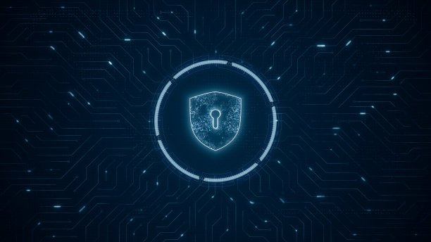 蓝色数字安全屏蔽标志和未来科技圈HUD与电路板和数据传输抽象背景网络安全概念图片下载