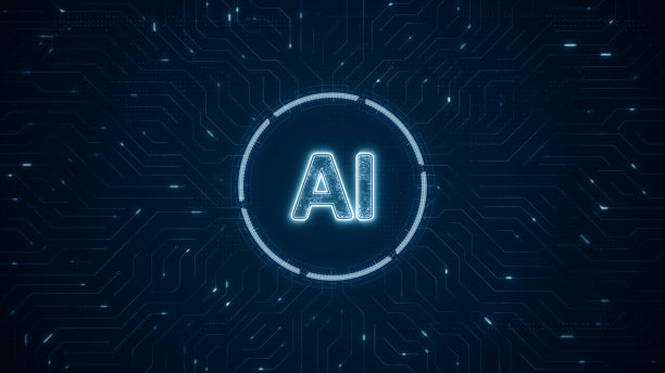 蓝色数字AI标志和未来技术圈HUD与电路板和抽象背景上的数据传输图片下载