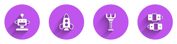 设置机器人玩具火箭船耙和电池图标图片下载