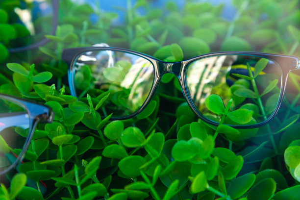 戴眼镜，躺在人造绿草地上，特写。图片下载