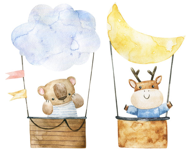 手绘幼稚的水彩插图与有趣的动物在热气球上。运输、冒险图片下载