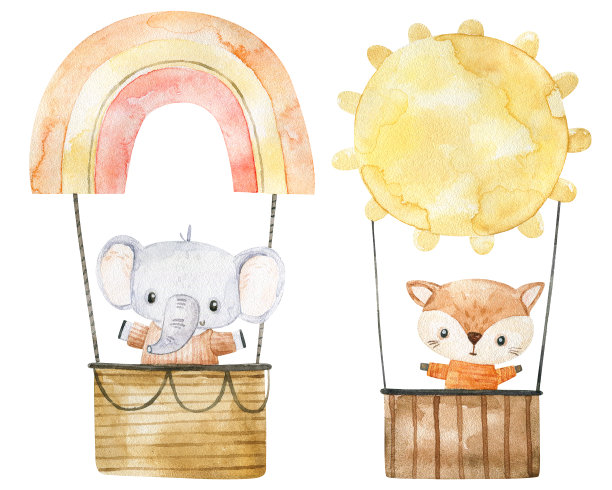 手绘幼稚的水彩插图与有趣的动物在热气球上。运输、冒险图片下载