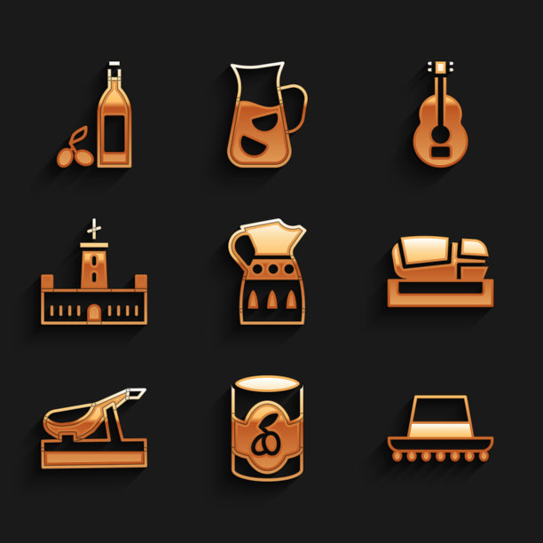 集桑格利亚汽酒罐，橄榄在罐头，西班牙帽子，梅斯塔利亚体育场，火腿，Montjuic城堡，吉他和一瓶橄榄油图标。向量图片下载