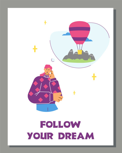 女人梦想旅行，跟随你的梦想铭文，海报模板-平面矢量插图。年轻的角色想着去山区度假和乘坐热气球。图片下载