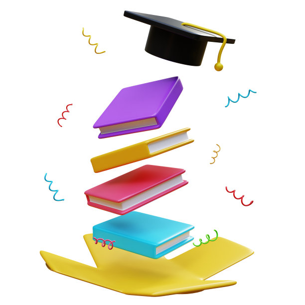 在线教育，E-learning概念设计研究生帽，书包，笔记本，文具。教育理念的网站横幅，演示，海报和广告。三维渲染图片下载