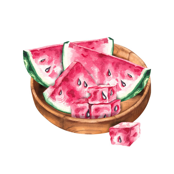 水彩木盘与西瓜片在白色孤立的背景图片下载