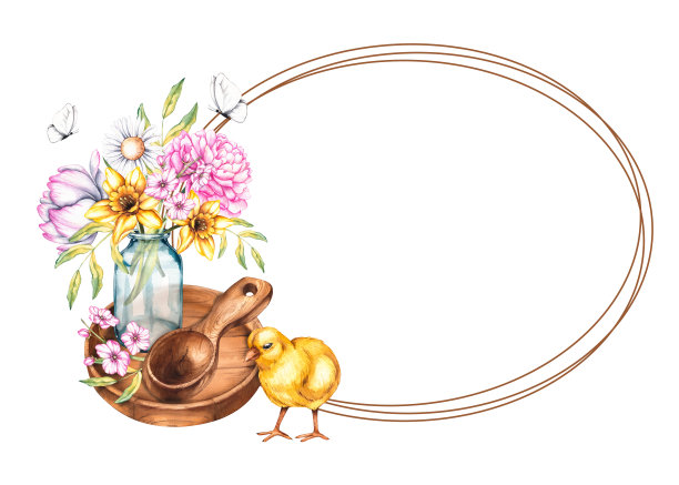 水彩框架与花在花瓶，盘子，小鸡，蝴蝶在一个白色孤立的背景图片下载