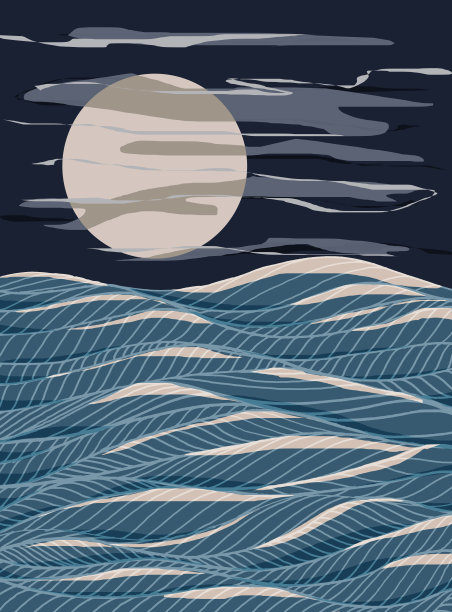 插图黑夜与月亮和波浪图形设计图片下载