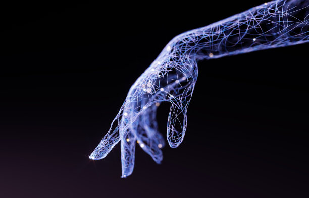 抽象人工智能手的食指，三维渲染虚拟现实和元宇宙概念。图片下载