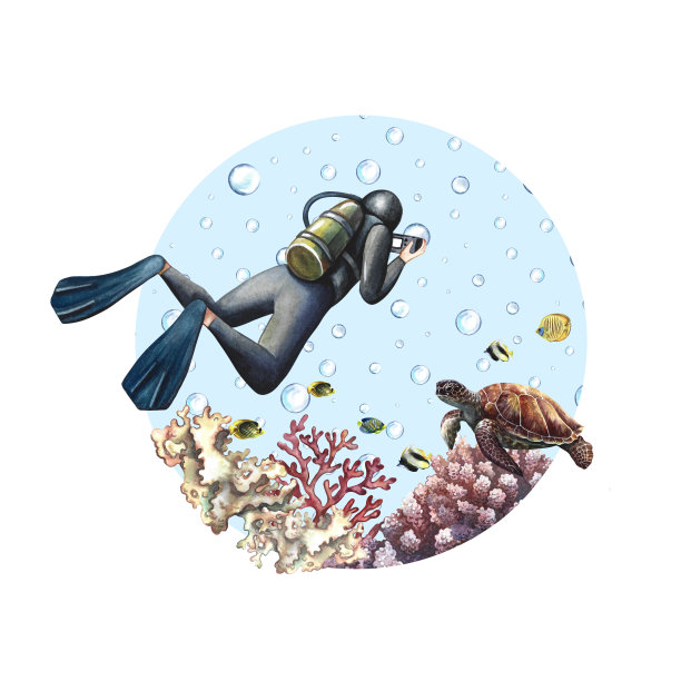 潜水员在海底游泳。水下旅行。手绘水彩画。标签、磁铁的概念图片下载