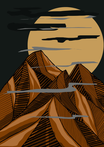 橙山、月亮和黑夜的插图画图片下载