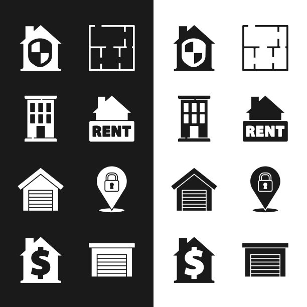 设置悬挂标志与租金，房子，保护，计划，车库，位置锁，和美元符号图标。向量图片下载