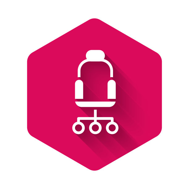 白色办公椅图标与长阴影背景隔离。粉色六角形按钮。向量图片下载