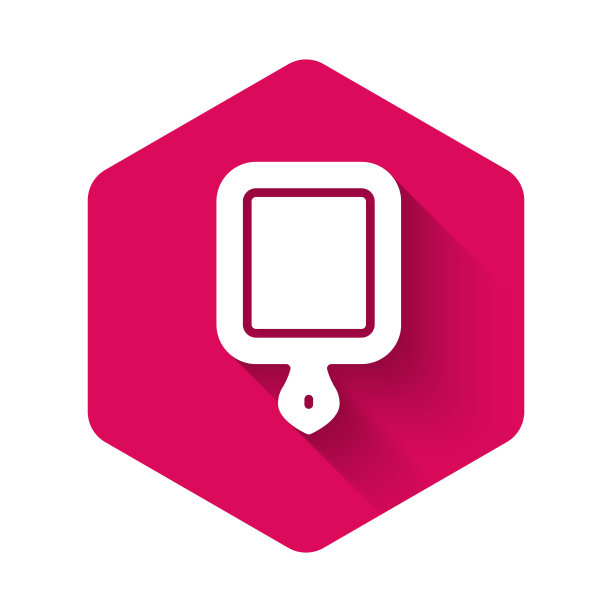 白色切菜板图标隔离与长阴影背景。砧板符号。粉色六角形按钮。向量图片下载