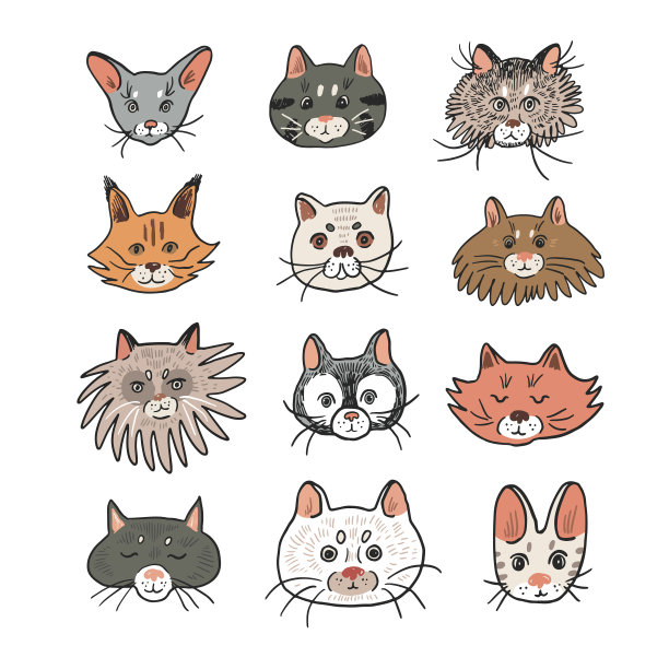 猫咪滑稽动物表情矢量插画合集图片下载