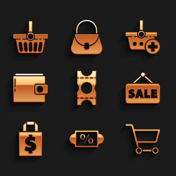 设置优惠券，折扣百分比标签，购物车，挂的标志与销售，购物袋和美元，钱包，添加到篮子和图标。向量图片下载