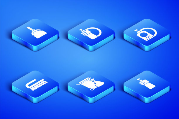 设置洗洁精瓶、簸箕、垃圾桶、垃圾袋、清洁刷、盘子、图标。向量图片下载