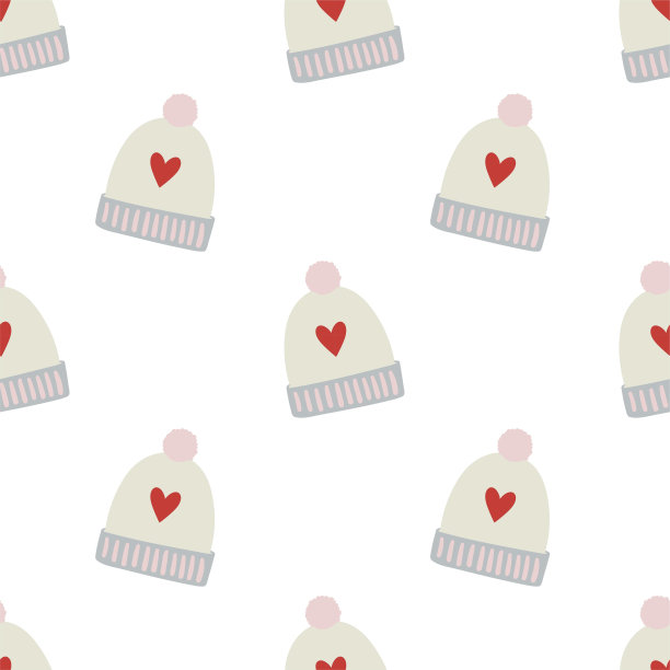 可爱的针织帽子与红心，无缝模式在向量。圣诞节的背景。图片下载