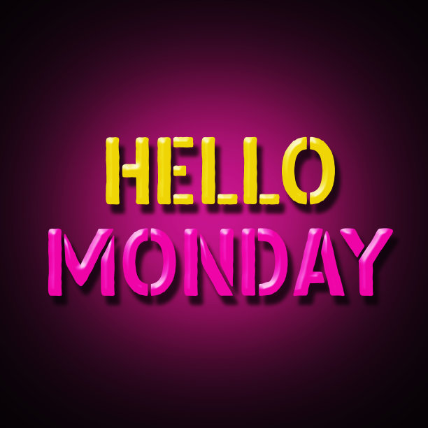 你好,周一。红色背景上的黄粉色霓虹灯。业务。的生活方式。设计元素。图片下载