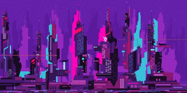 彩色抽象未来科幻网络空间城市景观矢量插图图片下载