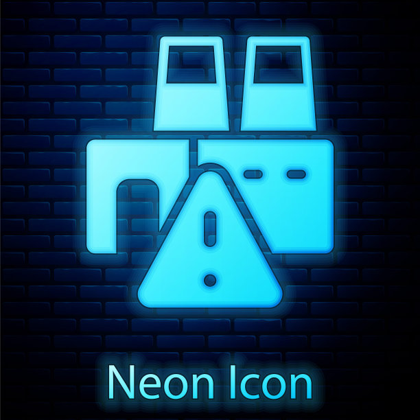 发光霓虹灯关闭的工厂图标隔离在砖墙背景。工业建筑。向量图片下载