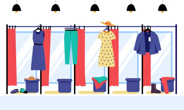 试衣间。服装店和鞋店的更衣室里没有镜子和窗帘。矢量图图片下载