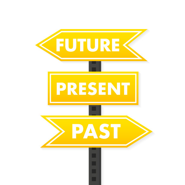 未来，现在和过去的蓝色交通标志箭头概念平。生命、命运、动力、成功、专注、衰老、希望、信念、发展观。矢量图图片下载