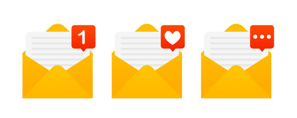 Gmail信封图标设置与新的消息标记。邮件通知心错过。移动应用程序和网站的通知。矢量图图片下载