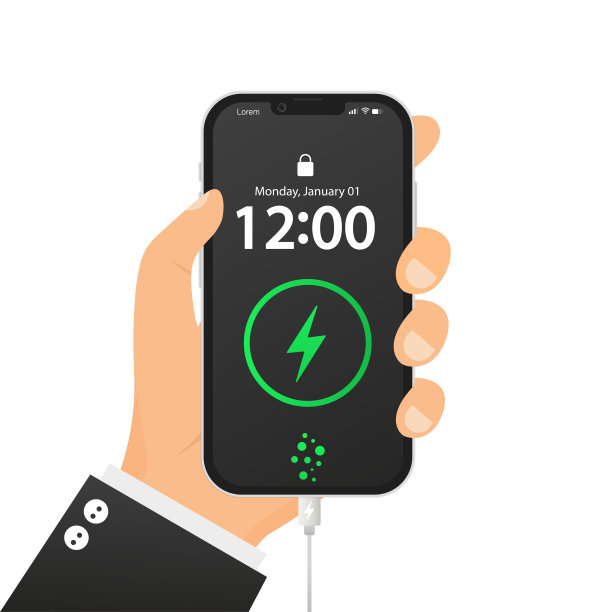 一只手拿着智能手机上充电的手机。手机屏幕有满、中、低电量指示灯。蓄电池供电。电的信号。充电线。矢量图图片下载