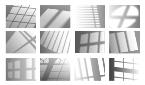 窗口阴影效果。透明的阴影覆盖了灯光模型，窗帘窗框和遮光罩模糊了墙上的阴影。向量隔离集图片下载