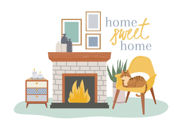 温馨的室内装饰，壁炉和舒适的椅子图片下载