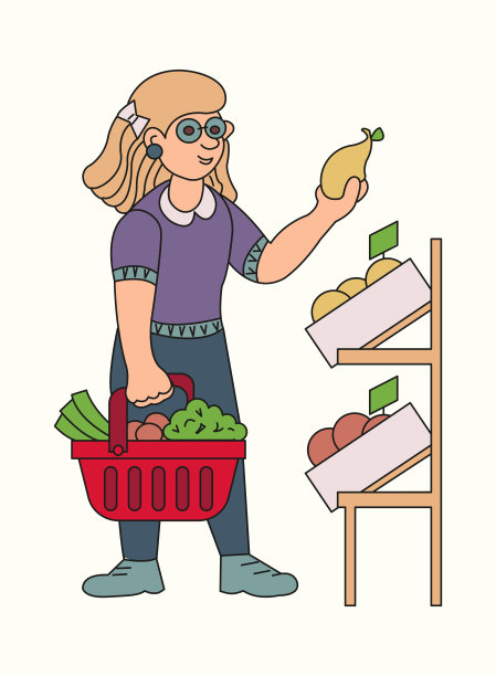 一位年轻女子在买蔬菜和水果。图片下载