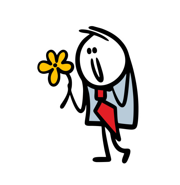 快乐的火柴人新郎向女友求婚，手捧大束鲜花图片下载