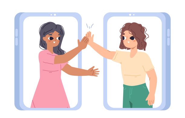 在线交流，女孩们通过智能手机屏幕给出五个。快乐的青少年，年轻人和现代友谊。卡通矢量场景图片下载