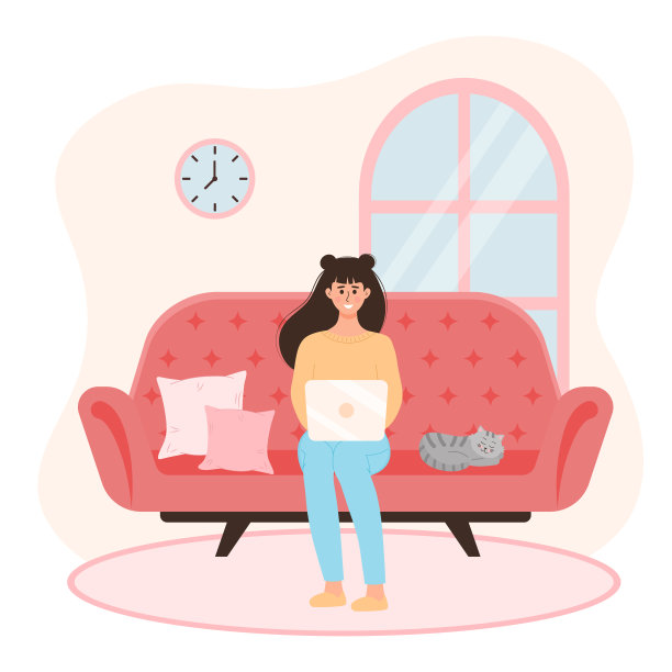 女人和猫坐在沙发上使用笔记本电脑。自由职业，工作，学习，教育，在家工作，放松概念。图片下载