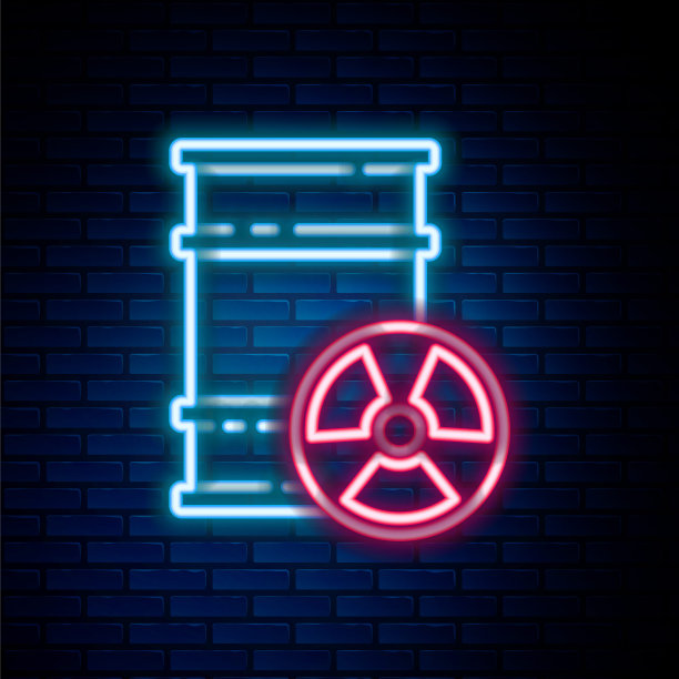 发光的霓虹灯线放射性废物桶图标隔离在砖墙背景。有毒垃圾桶。放射性垃圾排放，污染环境。彩色轮廓概念。向量图片下载