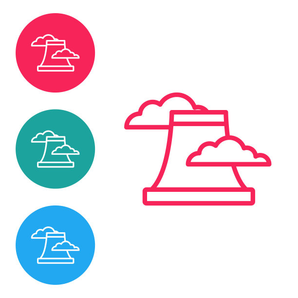 白色背景上隔离的红线核电站图标。能源工业概念。在圆形按钮中设置图标。向量图片下载