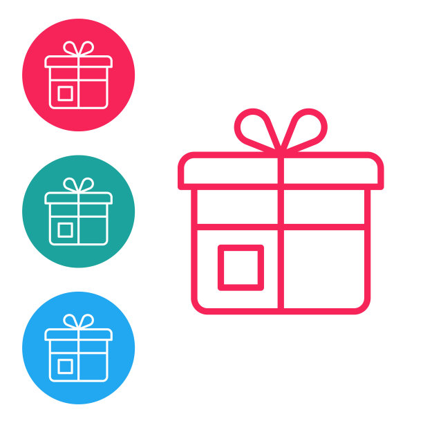 红线礼盒图标孤立在白色背景。在圆形按钮中设置图标。向量图片下载