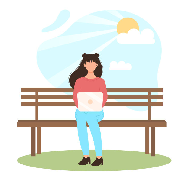 年轻女子坐在长凳上用笔记本电脑工作。自由职业者，工作，学习，教育，在家工作，健康的生活方式理念。图片下载