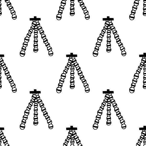 三脚架无缝矢量模式。相机，手机，LED灯支架。代表流，博客，视频，照片，播客。简单的轮廓，涂鸦，线条艺术。背景壁纸，包装纸，网页图片下载