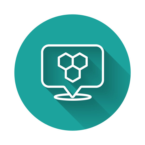 白线蜂巢蜜蜂定位地图针指针图标隔离与长阴影背景。农场动物地图指针。绿色圆圈按钮。向量图片下载